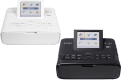 Imprimante Canon Selphy CP1300, blanc / noir, vue de face.