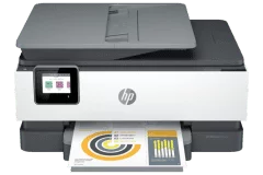 Imprimante HP OfficeJet Pro 8022e, blanc / gris, vue de face.