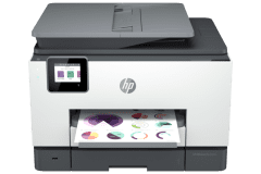 Imprimante HP OfficeJet Pro 9022e, blanc / gris, vue de face.