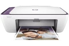 Imprimante HP DeskJet 2634, blanc / violet, vue de face.