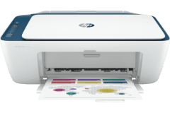 Imprimante HP DeskJet 2721e, blanc / bleu, vue de face.
