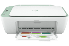 Imprimante HP DeskJet 2722e, blanc / vert, vue de face.