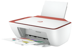 Imprimante HP DeskJet 2723e, blanc / rouge, vue de côté