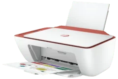 Imprimante HP DeskJet 2723e, blanc / rouge, vue de côté